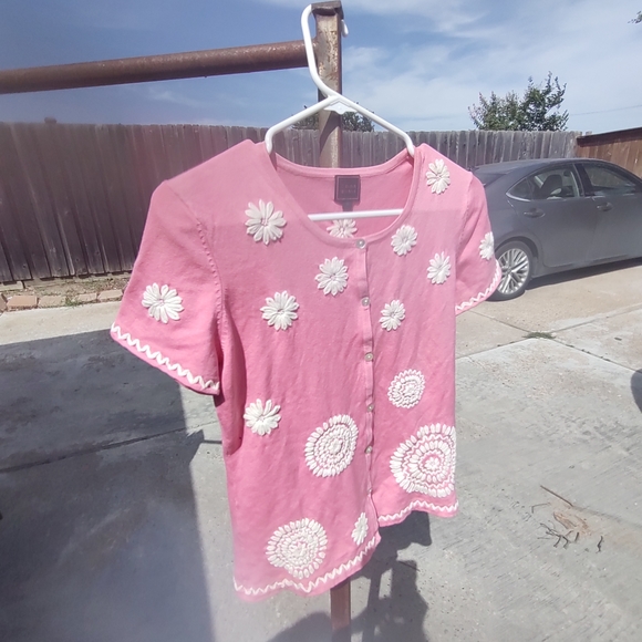 VTG color works silk button down cardigan short sleeve small silk spandex - Picture 10 of 11